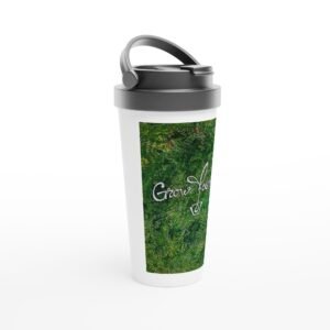 Stainless Steel "Grow Yourself" Travel Mug | Abstract Art Tumbler | Inspire Commuter Cup with Lid | White 15oz Stainless Steel Travel Mug