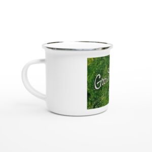 Enamel "Grow Yourself" Camping Mug | Green Abstract Art Coffee Cup | Outdoorsy Inspirational Gift | White 12oz Enamel Mug