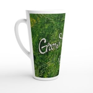 Artistic "Grow Yourself" Coffee Mug | Green Abstract Ceramic Cup | Inspirational Gift for Creatives | White Latte 17oz Ceramic Mug