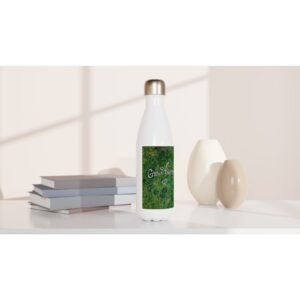 Stainless Steel "Grow Yourself" Water Bottle | Artistic Green Abstract Flask | Eco-Friendly Gift | White 17oz Stainless Steel Water Bottle